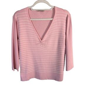 Jessica Pink White Stripe Knit 3/4 Sleeve V Neck Top Size XL Casual Classic